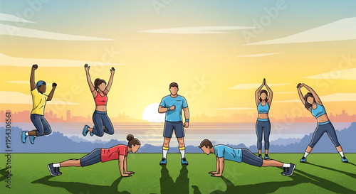 A group of people exercising outdoors in a vibrant city park at sunset