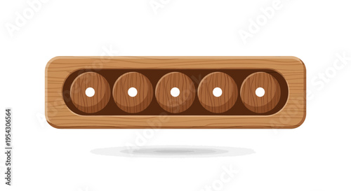 A wooden abacus with five circular beads, a tool for counting and calculation, presented in a top-down view
