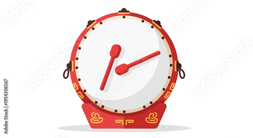 Traditional Chinese Drum with Drumsticks, Celebratory Percussion Instrument Illustration