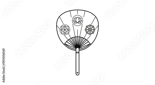 Elegant black and white vector illustration of a traditional Japanese hand fan, intricately adorned with symbolic cultural motifs and classical patterns