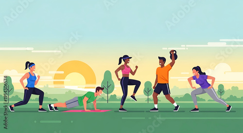 A diverse group of people engaging in various outdoor fitness activities at sunrise