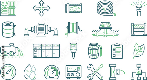 Collection of stylized icons representing essential water management and irrigation system components.