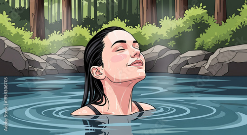 A serene woman relaxing in a natural hot spring surrounded by lush greenery and trees in a peaceful forest setting.