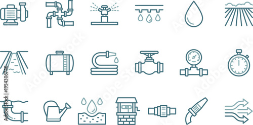 Collection of stylized line icons representing various water irrigation system components and equipment.