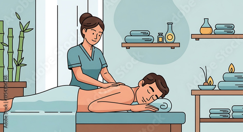 A serene spa scene with a skilled therapist giving a relaxing massage to a calm client