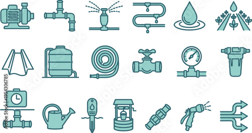 Diverse blue outline icon set for irrigation, water supply, agriculture, and general plumbing systems.
