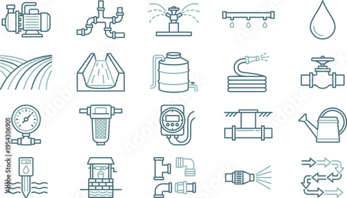Collection of irrigation system icons including pumps, pipes, sprinklers, and water management tools.