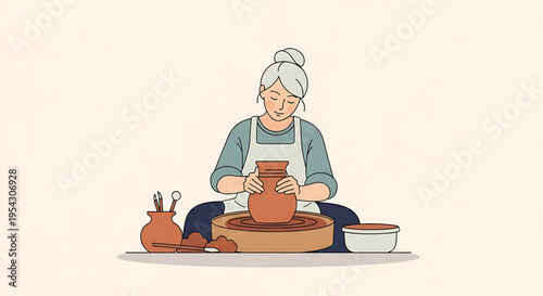 A woman creates a beautiful clay pot on a pottery wheel in a serene and creative workspace