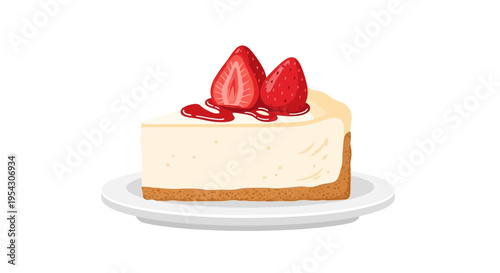 A delicious slice of creamy cheesecake topped with fresh strawberries and a drizzle of sweet strawberry sauce, served on a white plate