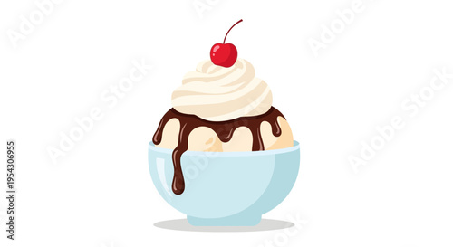Refreshing vanilla ice cream scoop in a bowl, perfectly topped with creamy whipped cream, rich chocolate syrup, and a vibrant red cherry. A delightful sweet dessert icon