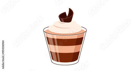 A delicious chocolate mousse dessert served in a clear glass cup, topped with whipped cream and a chocolate curl garnish