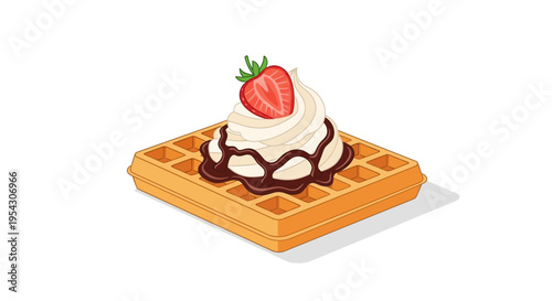 Deliciously Sweet Waffle Topped with Cream, Chocolate Drizzle, and Fresh Strawberry, A Perfect Treat