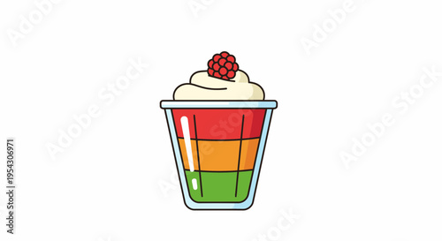 Colorful layered dessert in a glass with whipped cream and a berry topping, isolated on a white background