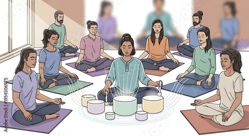 A group of people meditating in a circle with a sound healing practitioner playing singing bowls in a serene and peaceful environment.