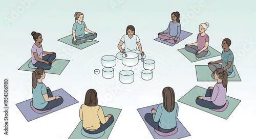 A group of people sitting in a circle practicing sound healing with singing bowls