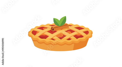 Deliciously baked golden brown apple pie with a lattice crust, garnished with cinnamon stick and mint leaves, perfect for autumn gatherings