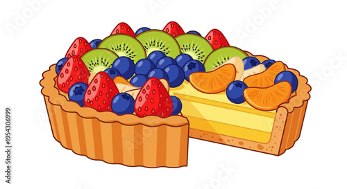 Vibrant fruit tart illustration with berries, kiwi, and citrus. Golden crust, creamy filling, and a removed slice showcase this sweet dessert
