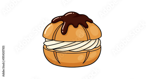 A delectable cream puff pastry, generously filled with whipped cream and drizzled with rich chocolate ganache, presented as a charming illustration