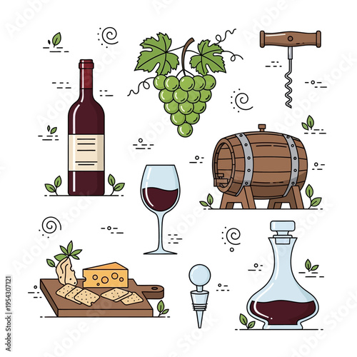 Wine tasting elements: bottle, glass, grapes, barrel, cheese, decanter, corkscrew