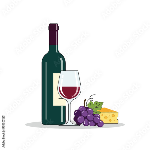Red wine bottle, glass, grapes, and cheese slice on white background