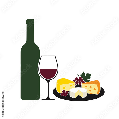 Wine Bottle, Glass of Red Wine, and Cheese Platter with Grapes