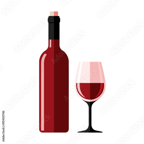 Red Wine Bottle and Glass Full of Wine, Elegant Drinkware, Celebration Beverage