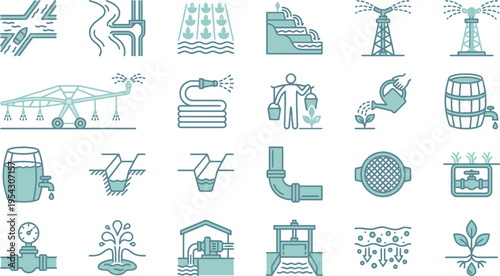 A comprehensive set of outline icons illustrating water management, irrigation, and plant care.