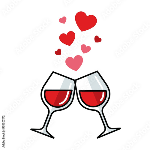 Couple toasting with red wine glasses, hearts floating up, romantic celebration