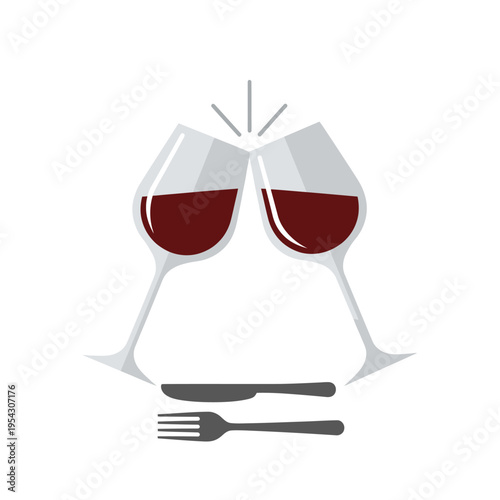 Cheers with red wine glasses and cutlery, celebration, toast, dinner, restaurant, party