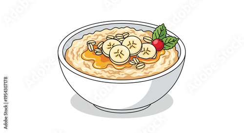 Wholesome and delicious breakfast bowl featuring creamy oatmeal, fresh banana slices, and a drizzle of golden syrup, garnished with a berry for a healthy start to the day