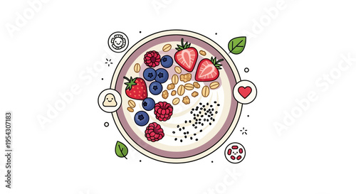Artfully arranged breakfast bowl illustration featuring fresh berries, crunchy granola, and nutritious seeds, promoting a vibrant and wholesome lifestyle
