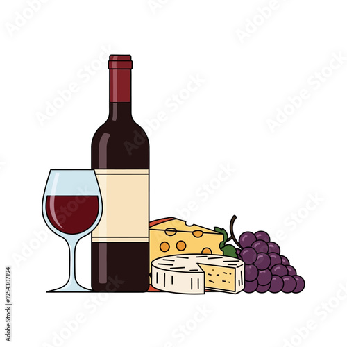 Red wine bottle, glass, cheese, and grapes on white background
