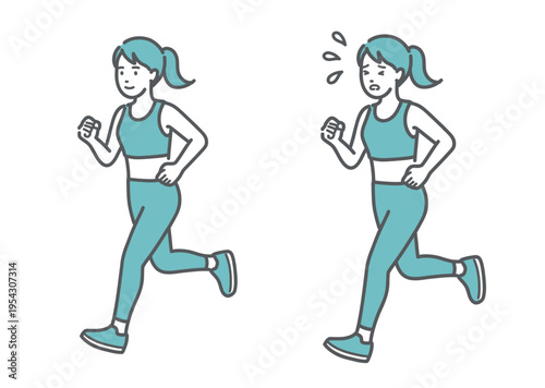 ランニング（ジョギング）をする女性の比較イラスト（適度な運動と疲労）