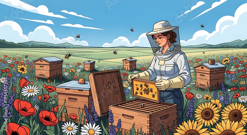 A beekeeper in protective clothing inspecting a honeycomb frame in a vibrant field of flowers with beehives.