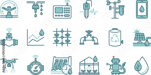 Modern smart farming icons depicting advanced irrigation systems, agricultural technology, and water management solutions.
