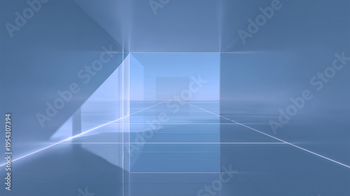 Minimal glass room interior, clean futuristic space for SaaS interface and presentation background
