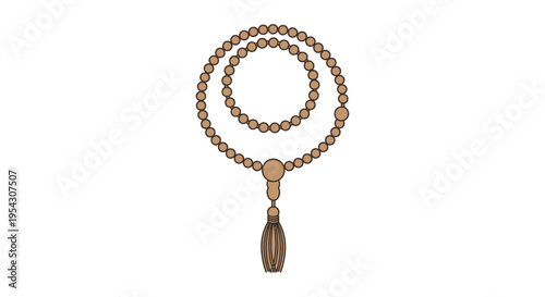 Vector graphic depicting a string of prayer beads, a symbol of spiritual practice and mindfulness, with multiple circular beads and a distinctive tassel for counting and meditation