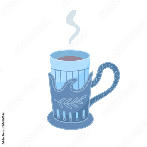 Tea cup vintage glass-holder, train tea. Vector Illustration for printing, backgrounds, covers and packaging. Image can be used for greeting cards, posters, stickers. Isolated on white background.
