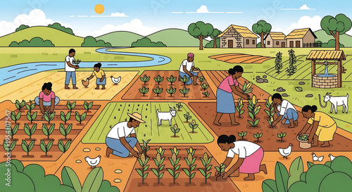 A vibrant illustration of people working together in a community garden on a sunny day