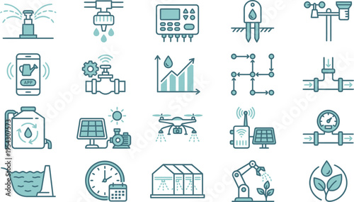 A collection of smart farming and irrigation technology icons for modern agricultural solutions and water management.
