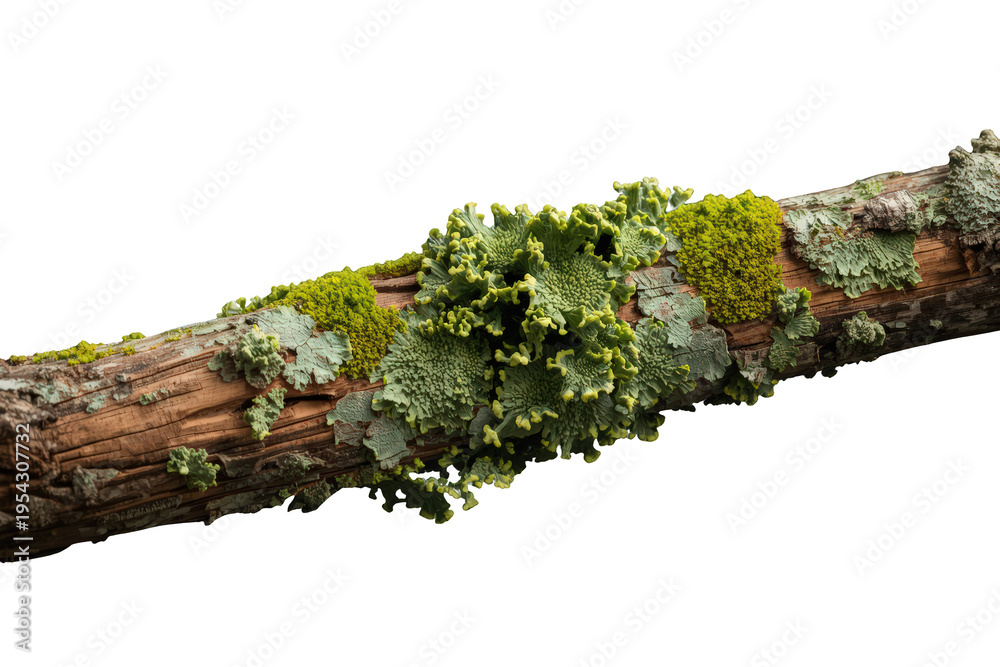 Obraz premium Tree branch showing green moss and lichen growing on rough bark, isolated on a transparent background