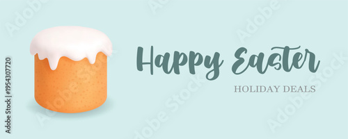 Happy Easter banner with traditional cake illustration. Holiday greeting template with soft pastel background. 3D Easter realistic illustration