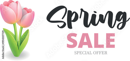Spring sale banner with pink tulip flowers illustration. Minimal modern design with soft gradients for seasonal promotion and marketing. 3D Easter realistic illustration