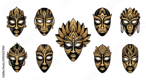Collection of eight abstract tribal masks with gold and black details on a white background