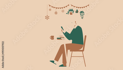 Minimalist illustration of a person using a smartphone at a cozy table with subtle decorations, reflecting modern digital life and quiet moments at home