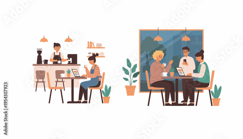 Two illustrations depicting a cafe scene with people ordering drinks and a group of friends socializing