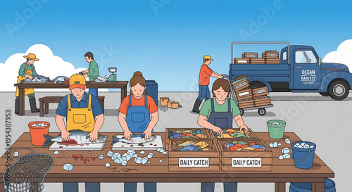 A bustling seafood market scene with people preparing and selling fresh fish and seafood.