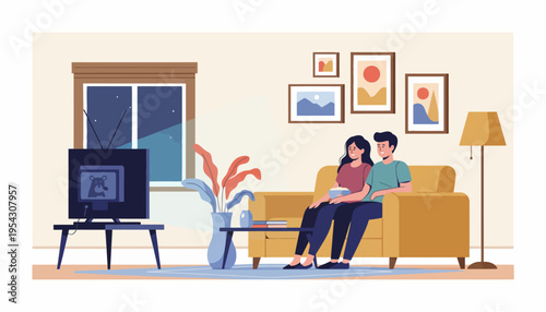 Couple relaxing on the couch watching television at night in a cozy living room, enjoying their leisure time together