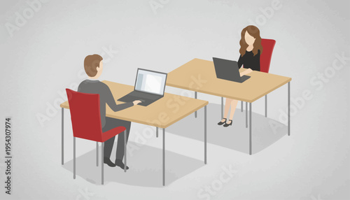 Two professionals collaborating remotely using laptops at separate desks with red chairs in an office setting, symbolizing teamwork and modern work environments