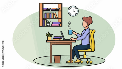 A woman sits at a desk working on her laptop while enjoying a hot beverage in a cozy home office setting with bookshelves and a clock